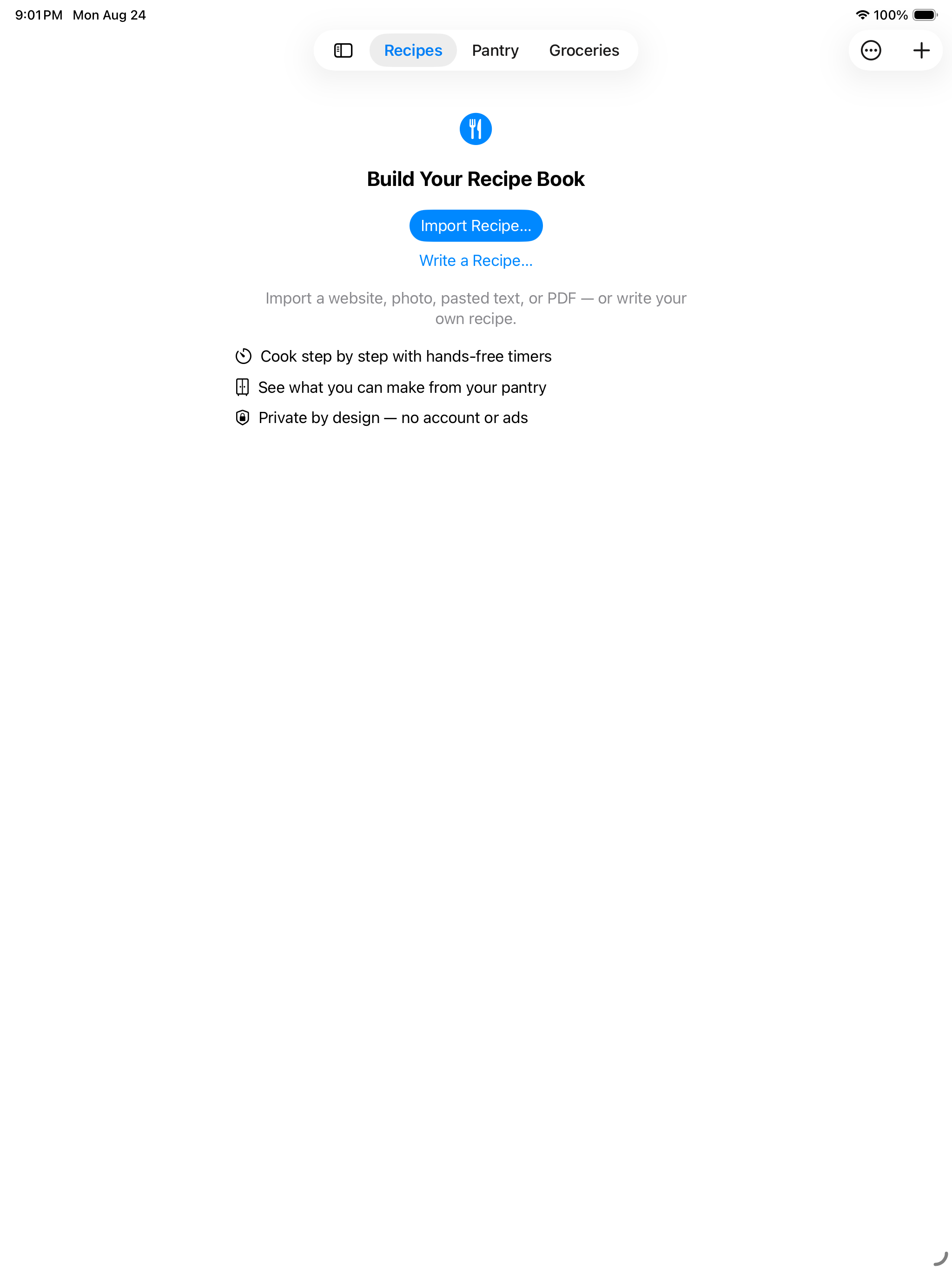 The iPad welcome screen &mdash; &lsquo;Build Your Recipe Book&rsquo; with Import Recipe and Write a Recipe, and the promises of hands-free timers, cooking from your pantry, and no account or ads