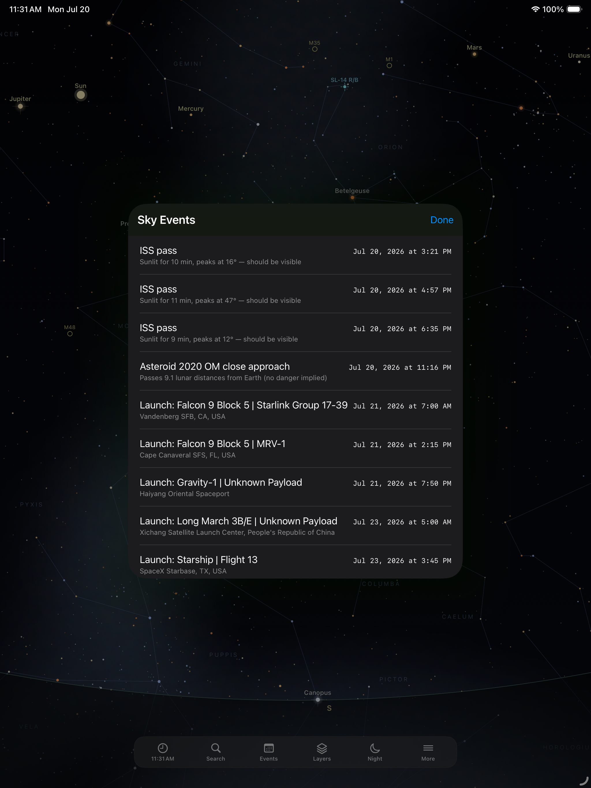 Sky Events on iPad &mdash; ISS passes with their sunlit duration and peak altitude, an asteroid passing 9.1 lunar distances from Earth, and launches from Vandenberg, Cape Canaveral, Haiyang, Xichang and Starbase, each with its vehicle, payload and time