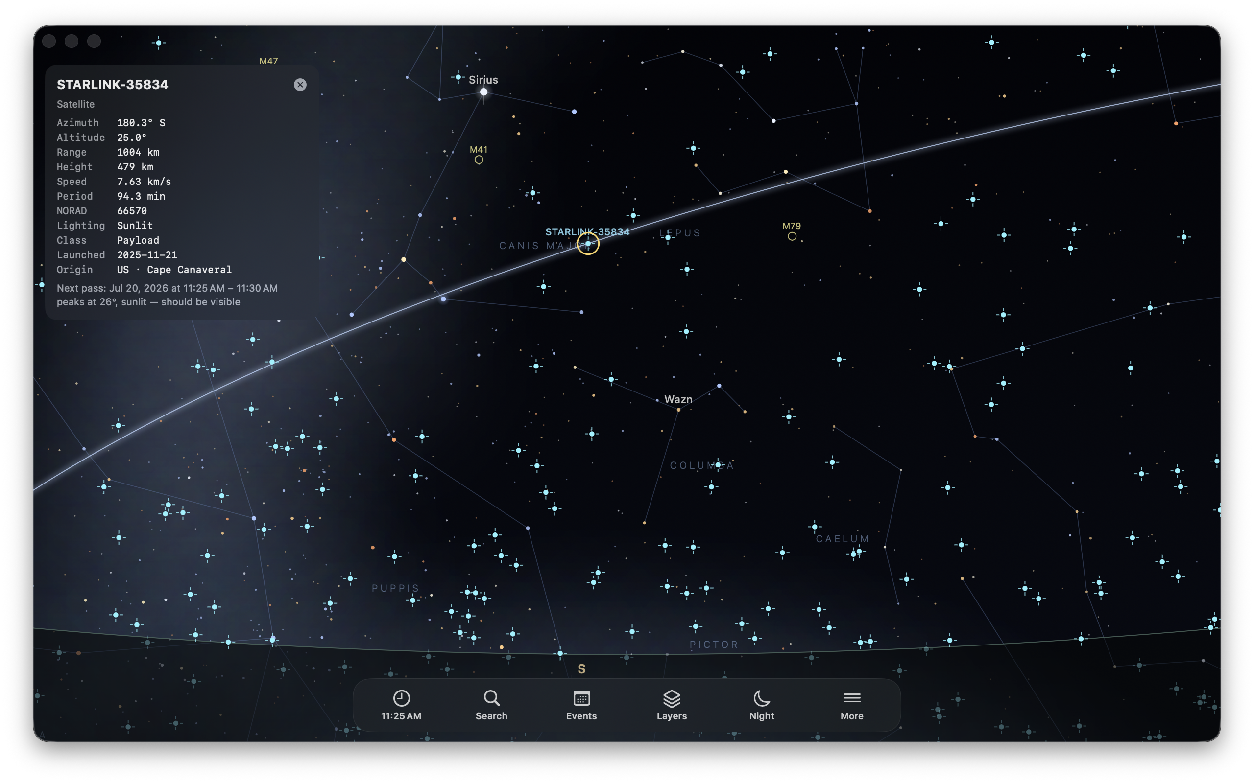 The Mac app tracking a Starlink satellite across the constellation Hydra — a live info card shows its speed, height, and distance, its path arcs across the star field, and a pass prediction reads: peaks at 17&deg;, sunlit — should be visible