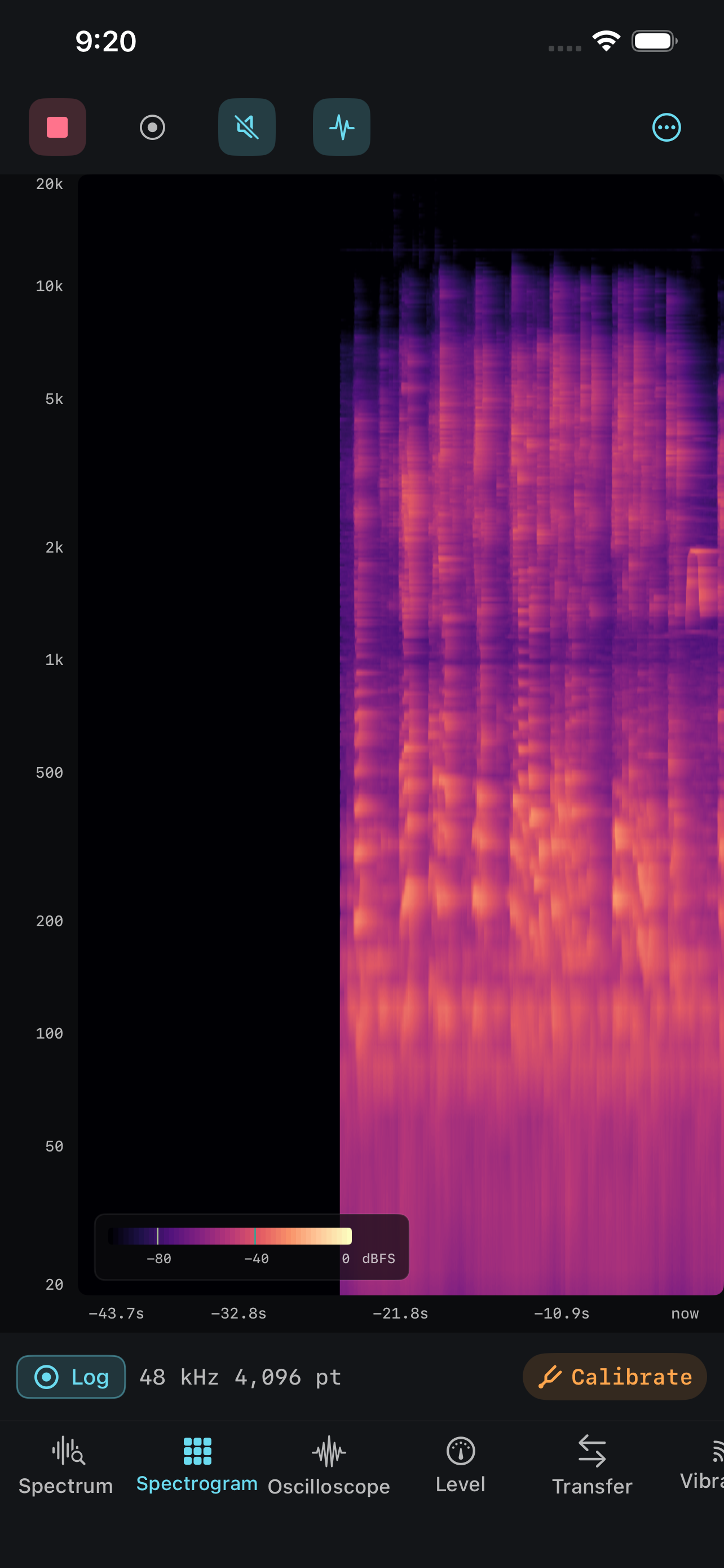 The spectrogram on iPhone &mdash; forty-four seconds of sound scrolling right to left from 20 Hz to 20 kHz, harmonics standing out as bright vertical stacks over a magma colour scale keyed from &minus;80 dBFS to 0