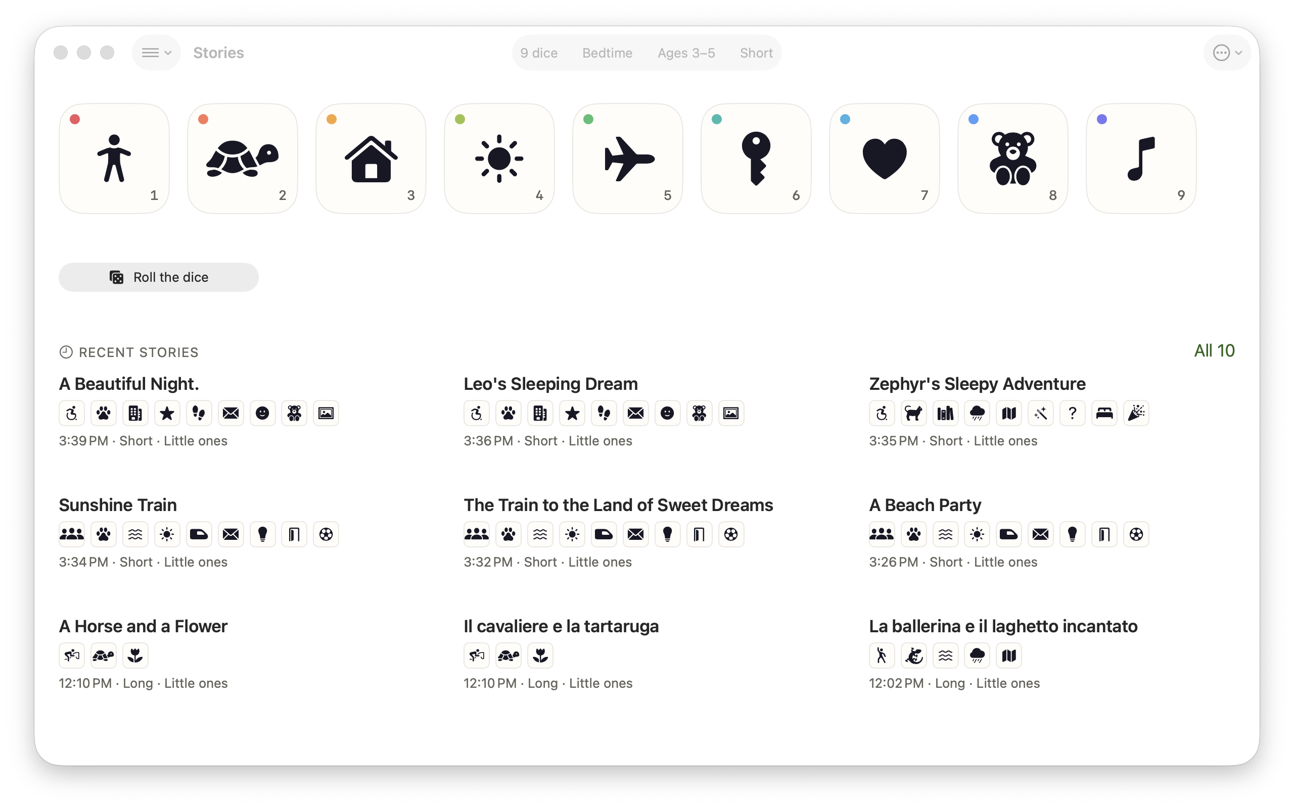 Nine picture dice on Mac, with recent stories below