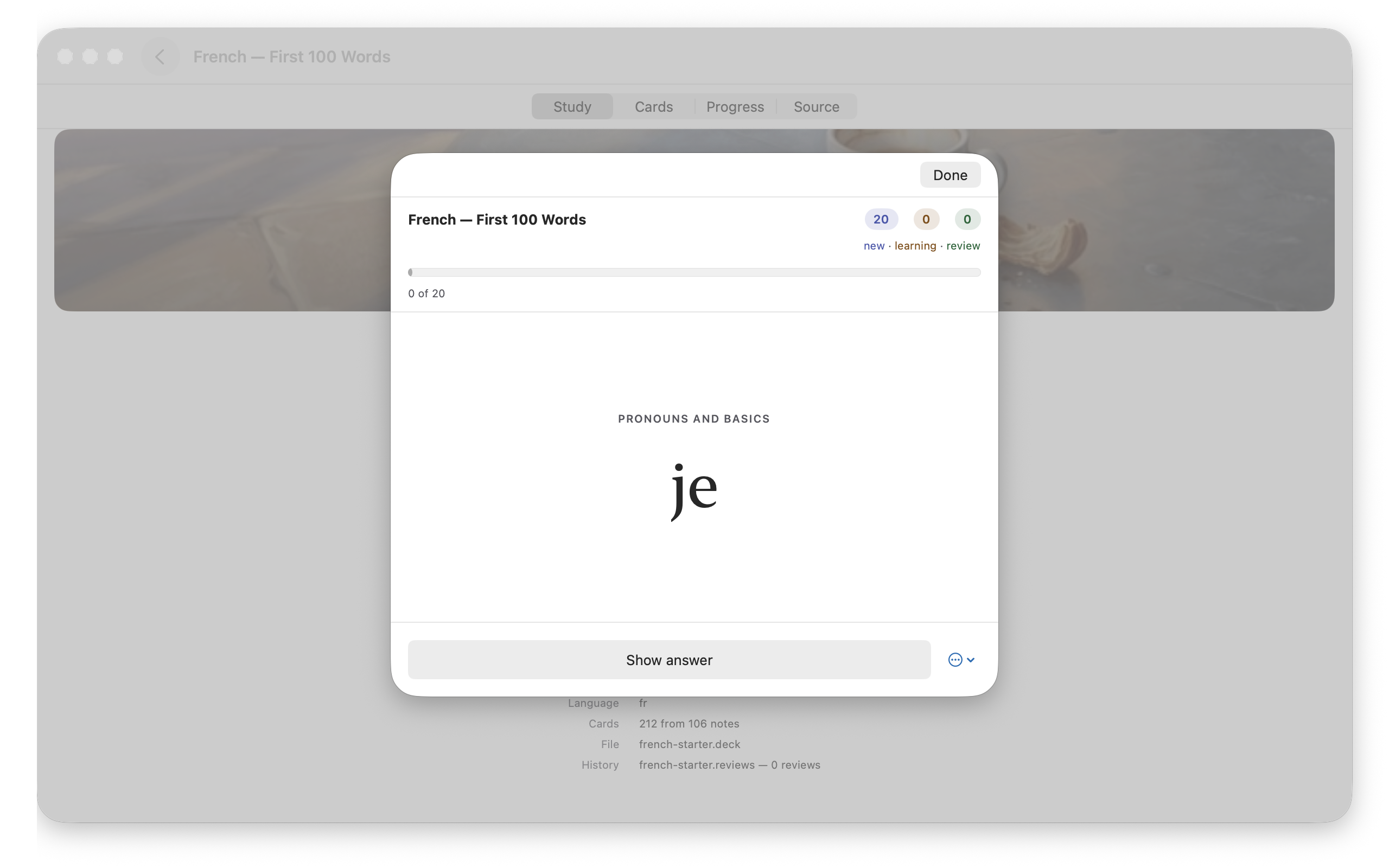 A study session in progress, showing the front of a card with its section heading and the Show answer button