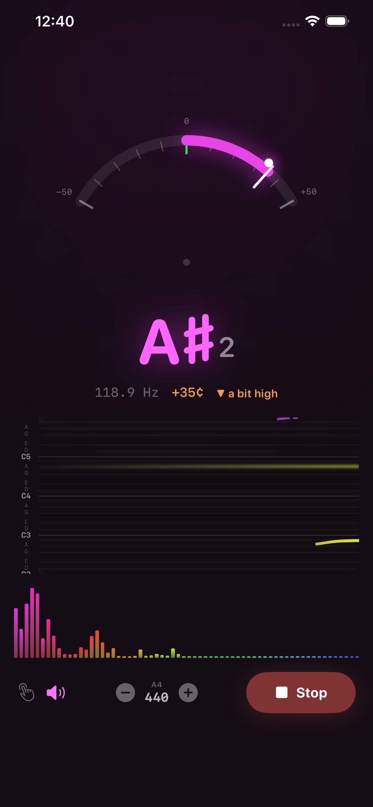 The iPhone tuner reading an A#2 at 118.9 Hz &mdash; the arc gauge is filled well past 0 toward +50, the readout shows +35&cent; with &lsquo;a bit high&rsquo; beside it, a note history scrolls across a staff grid labelled C3, C4 and C5, and a rainbow harmonic spectrum runs beneath it. Along the bottom sit the A4 = 440 reference with minus and plus steppers, a sound toggle, and a red Stop button