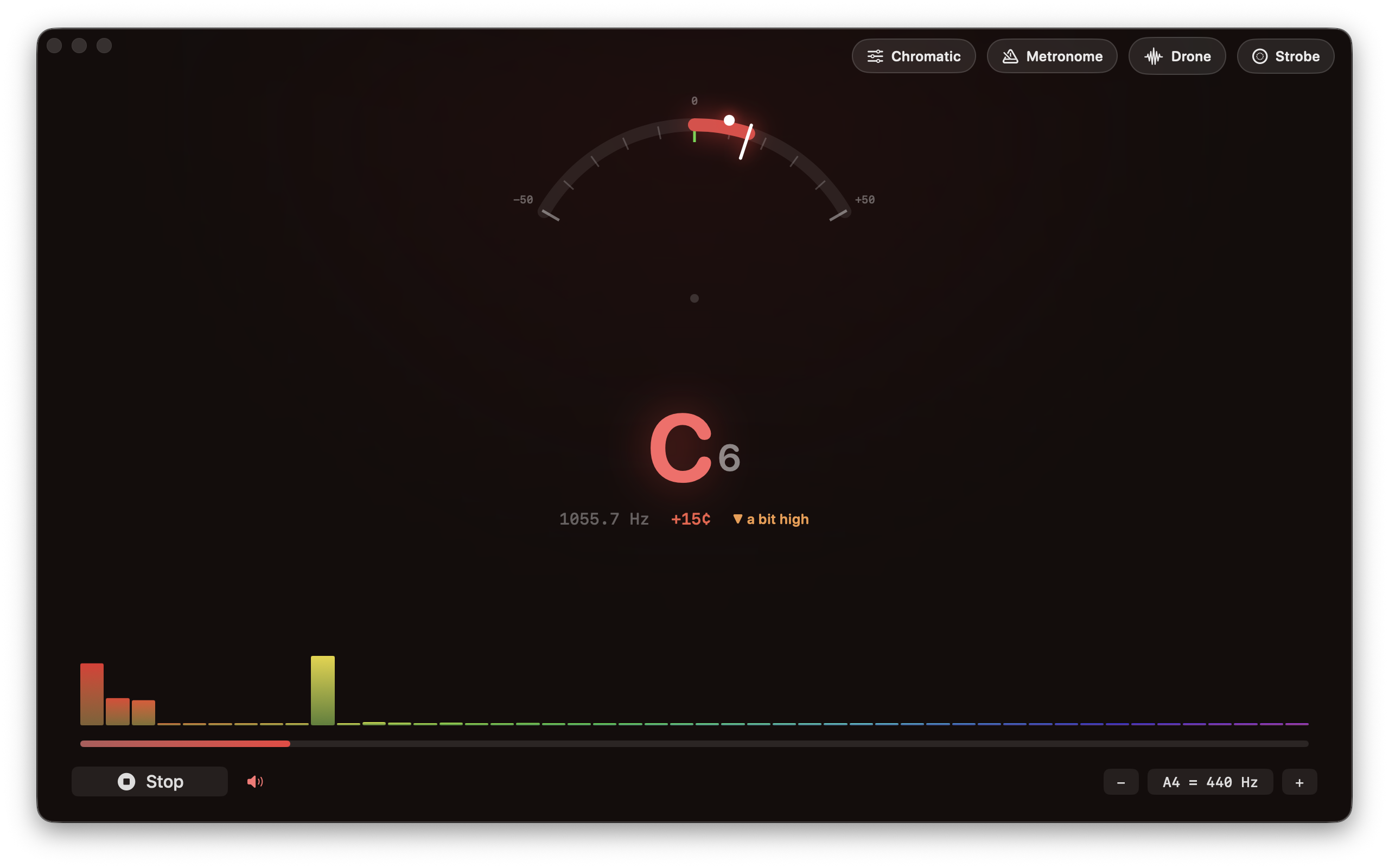The Mac tuner reading a G6 at 1612.0 Hz &mdash; the arc gauge fills from 0 out to nearly +50, the readout shows +48&cent; in red with &lsquo;a bit high&rsquo; beside it, and a rainbow spectrum of the note&rsquo;s harmonics runs along the bottom, with Stop at the left and the A4 = 440 Hz reference and its steppers at the right