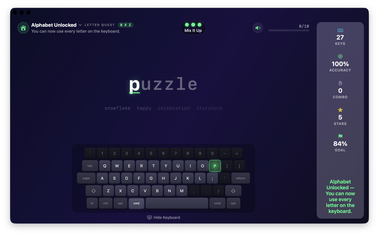 A typing mission mid-drill — the on-screen keyboard highlights the next key while live stats track accuracy and combo