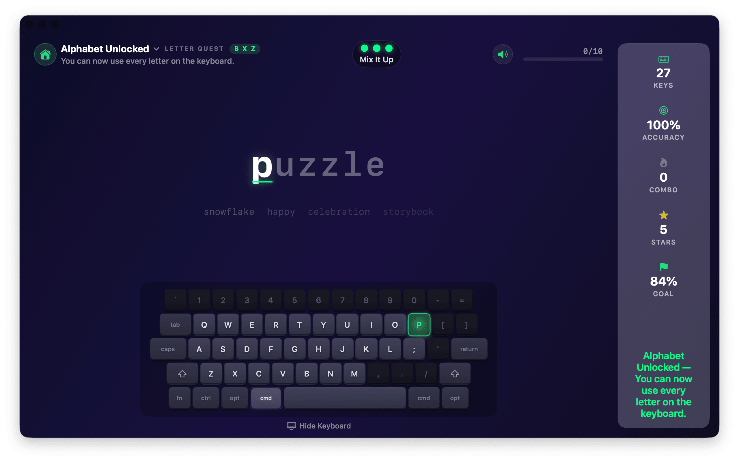 A typing mission mid-drill — the on-screen keyboard highlights the next key while live stats track accuracy and combo