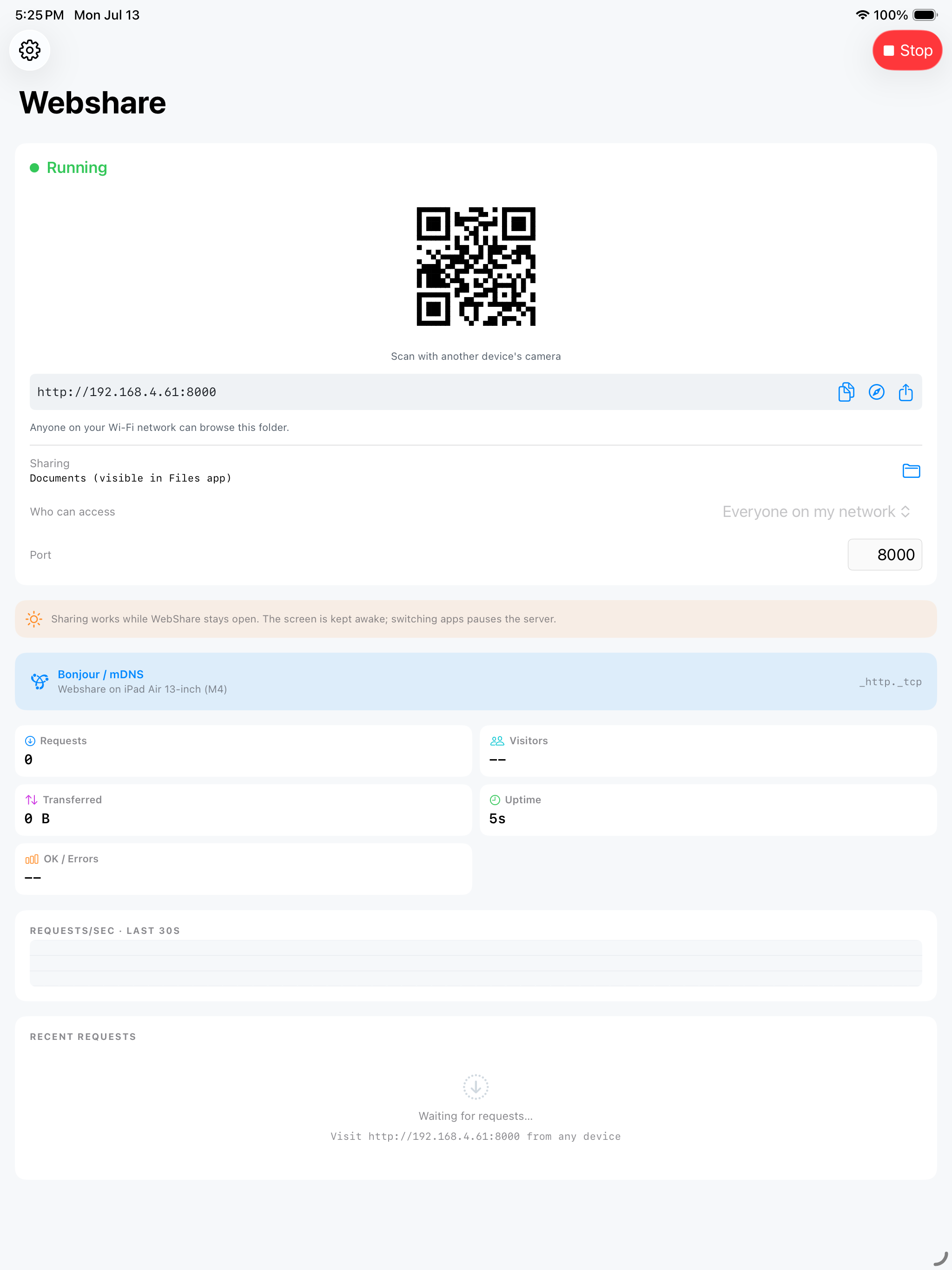 The server running on iPad &mdash; the QR code and http://192.168.4.61:8000 address, the Documents folder shared to everyone on the network on port 8000, the Bonjour advertisement, counters for requests, visitors, transfer, uptime and OK / errors, a requests-per-second graph over the last 30 seconds, and a recent-requests panel waiting for its first hit