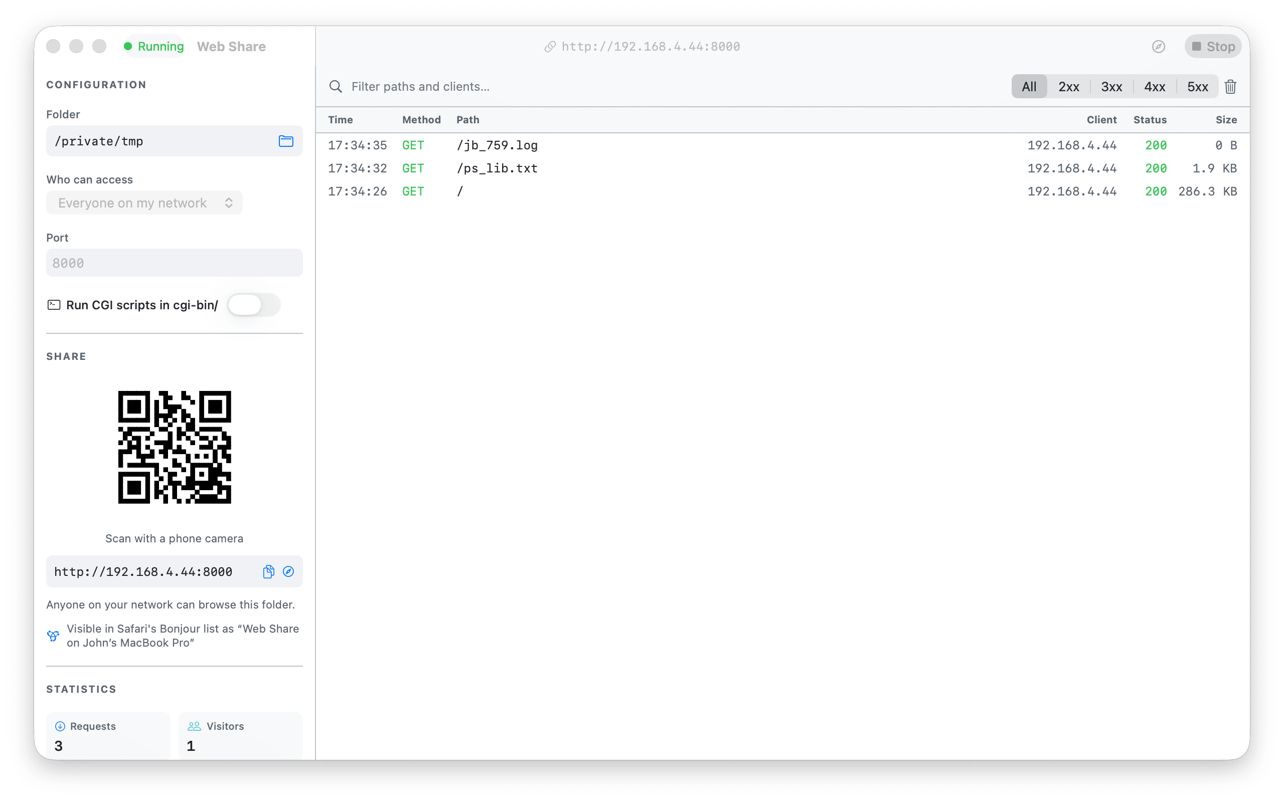 Webshare main window — folder configuration, a QR code for sharing, and a live request log